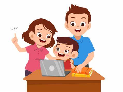 cartoon family in front of computer
